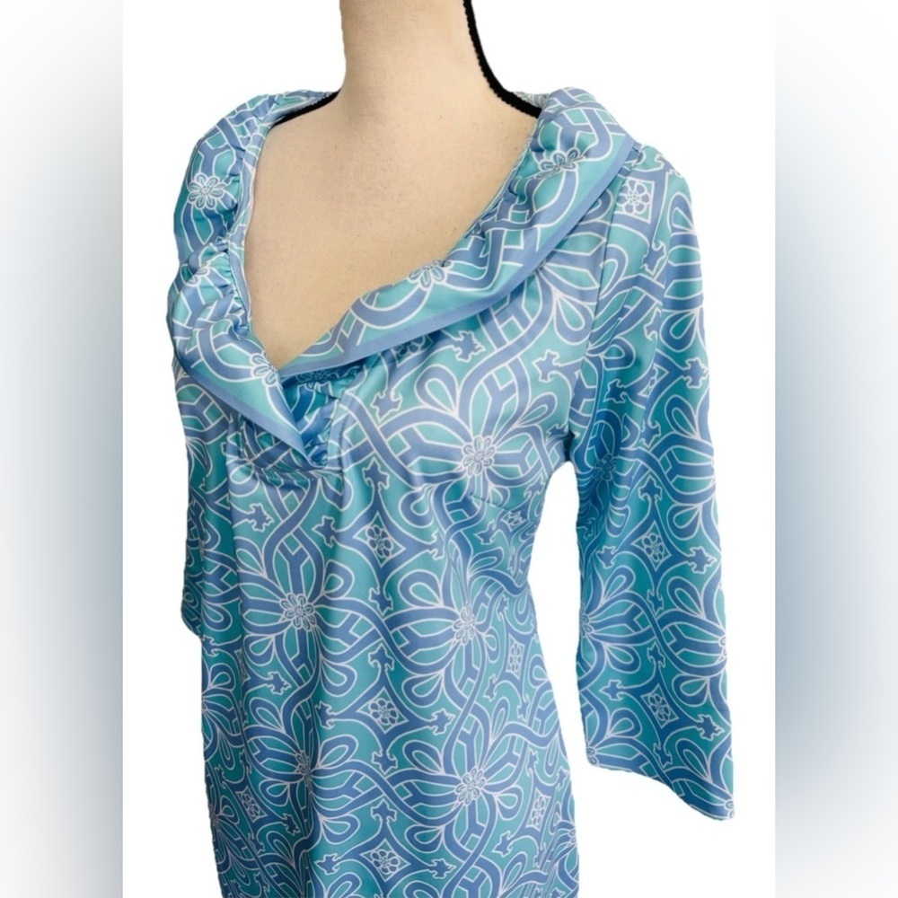 Gretchen Scott Jersey Ruffneck Dress Size S Piazza Blue Print Preppy Women’s - Picture 4 of 9
